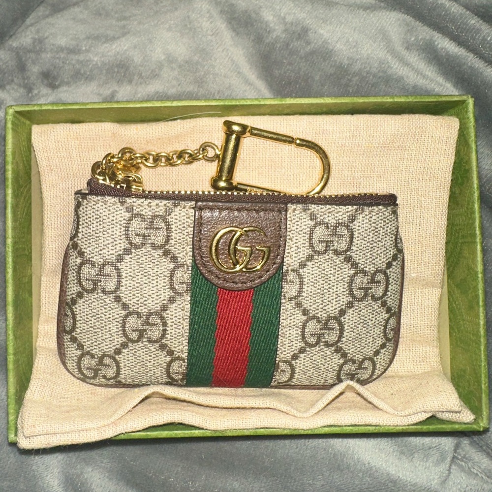 Gucci Beige and Brown Key Holder with Gold Accents